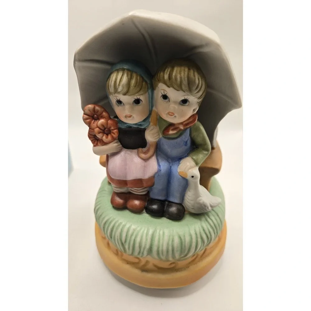 Vintage Himark Musical Figurine Umbrella Bench Boy Girl Goose Porcelain Taiwan